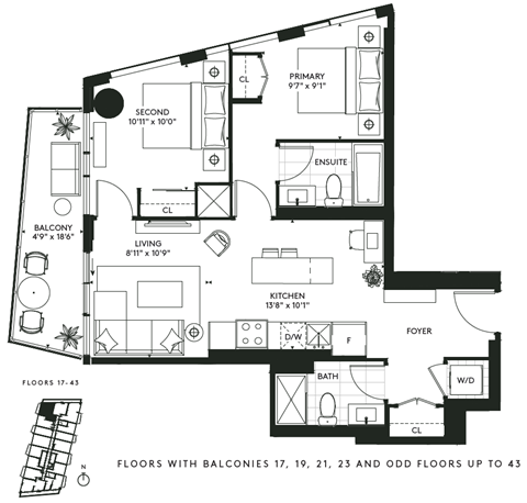 Floor plan for 2 beds, 2 baths, 753 sqft